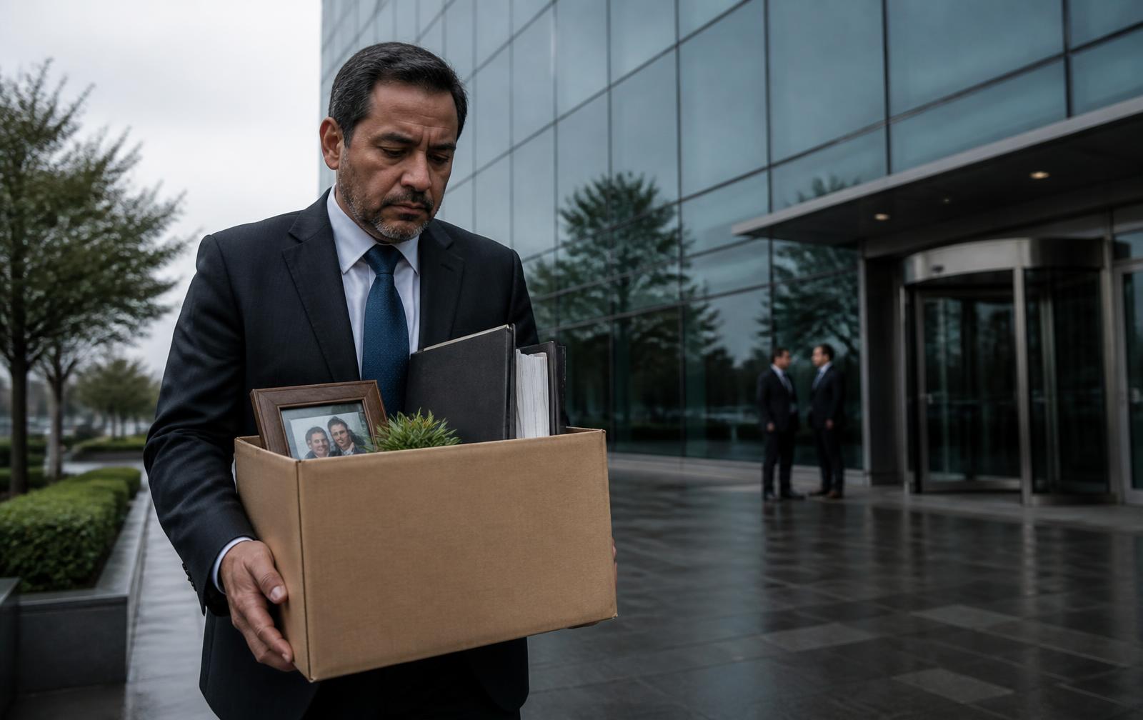 Gerente de banco despedido saliendo del edificio corporativo con una caja de cartón con sus objetos personales